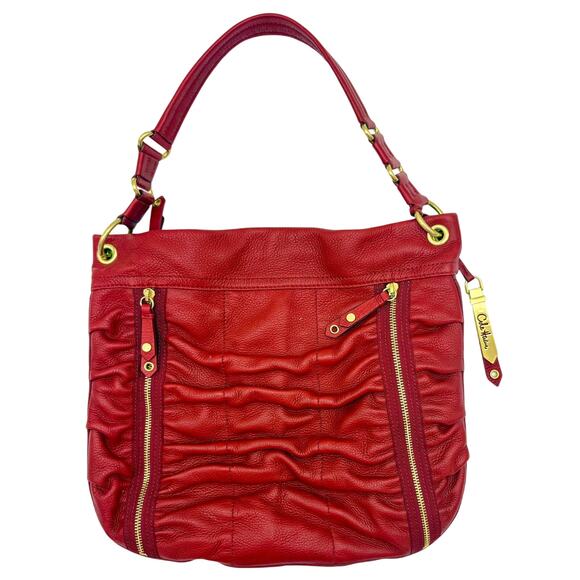 Cole Haan Leather Hobo Bag in Red - Ruched “Bailey” Design w Zips, Gold Hardware - Picture 5 of 11